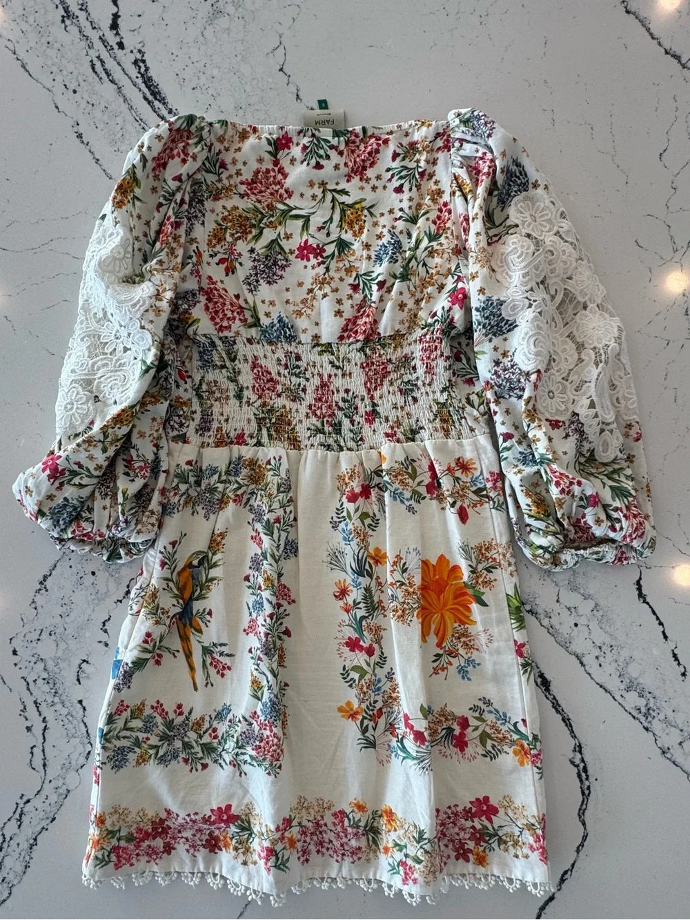 FARM Rio RARE White Floral Lace Dress with Multicolor Tropical Print Size Small